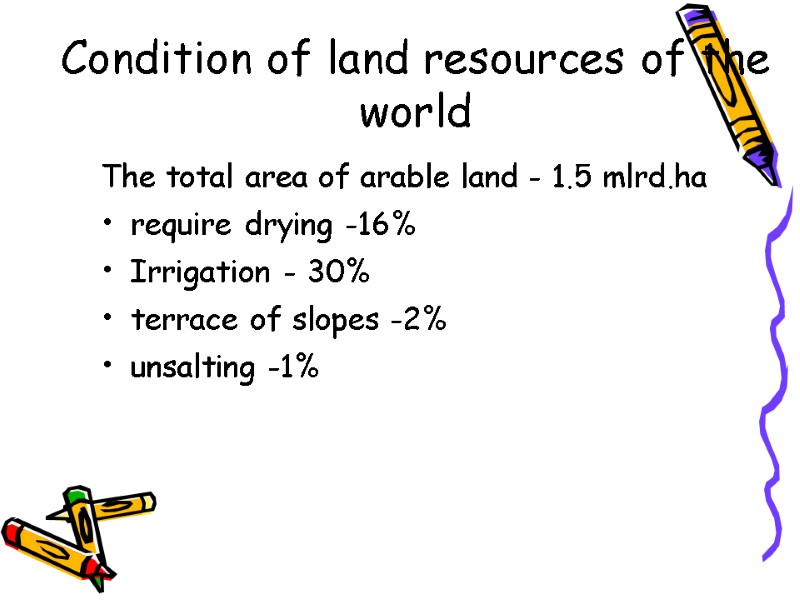 Condition of land resources of the world The total area of arable land -